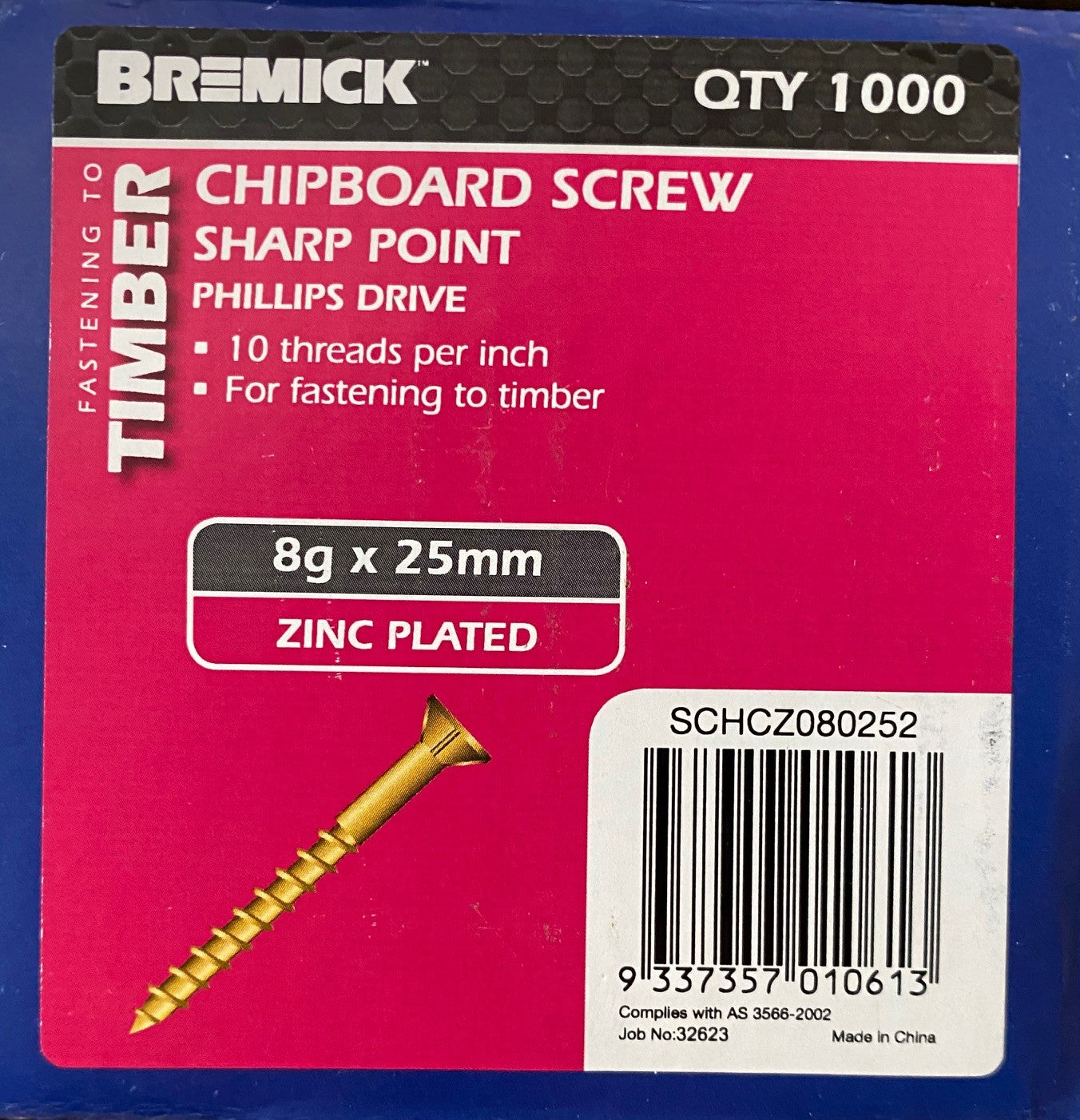 Chipboard Screw 8g x 25mm 1000 in a box