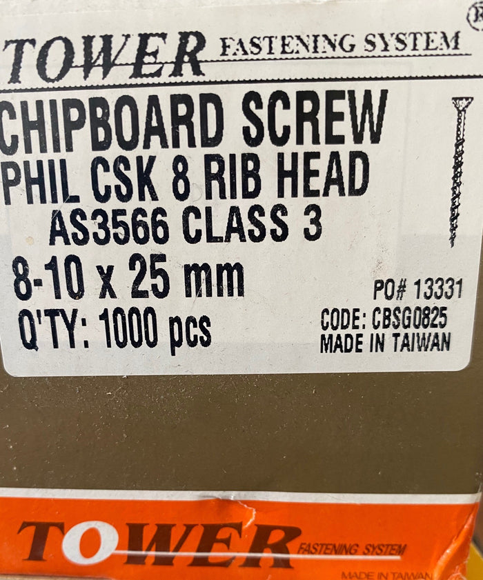 Chipboard screw 8-10 x 25mm box of 1000 silver