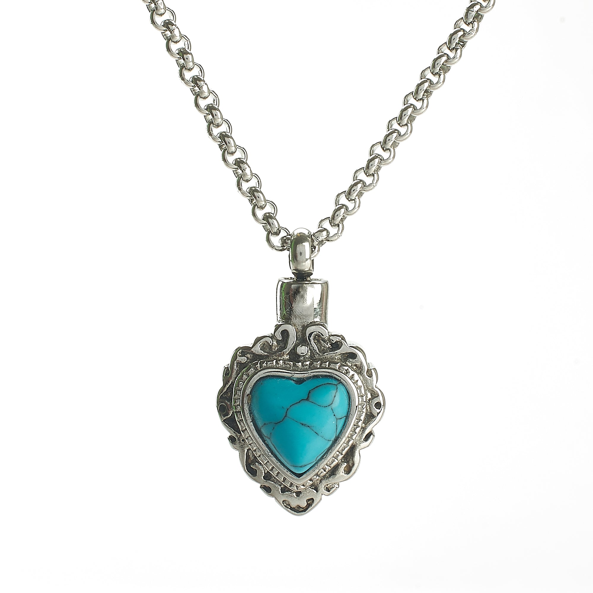 Cremation Pendant - Turquoise - Decorative Small Silver Heart