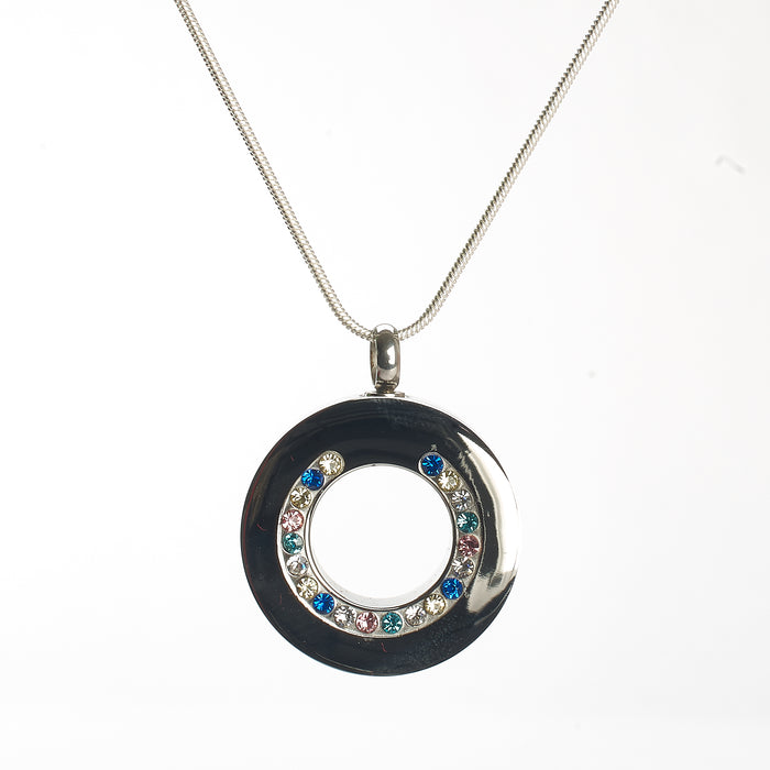 Cremation Pendant - Silver Circle with Colourful Diamante