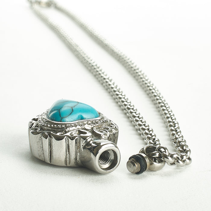 Cremation Pendant - Turquoise - Decorative Small Silver Heart