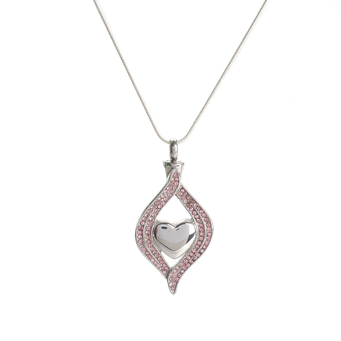 Cremation Pendant - Silver Heart in Pink Diamante Tear