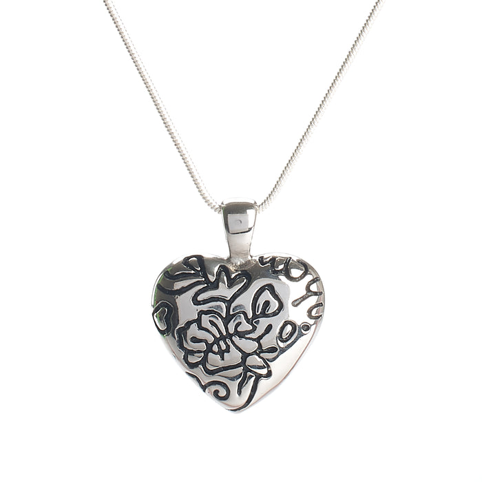 Cremation Pendant - Silver Heart with Black Floral Filigree