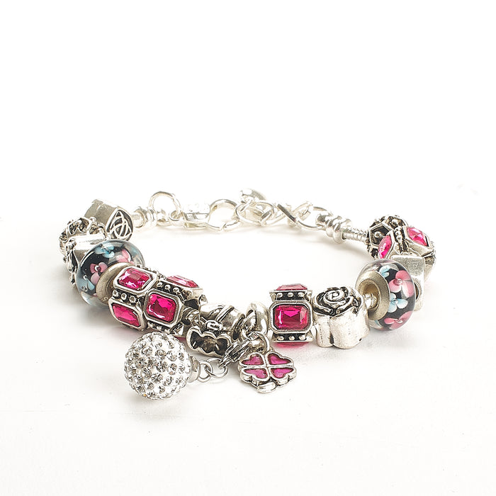 Cremation Bracelet - Fushia and Silver Charm with Disco Ball
