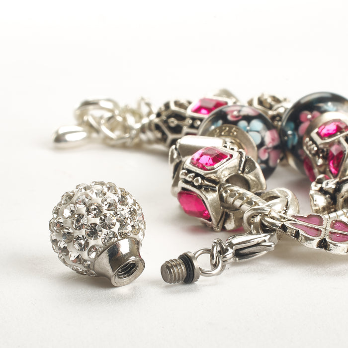 Cremation Bracelet - Fushia and Silver Charm with Disco Ball
