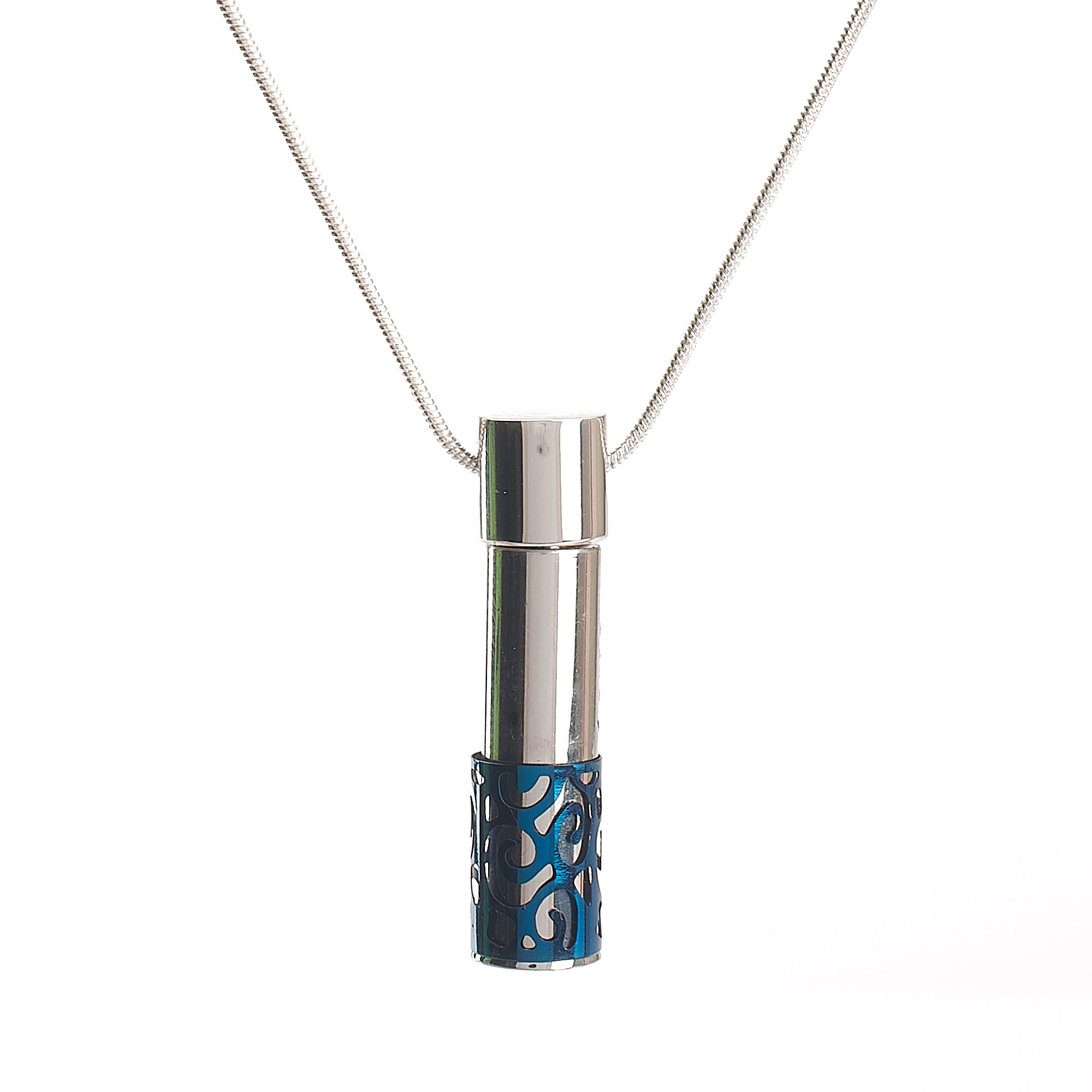 Cremation Pendant - Cylinder with Removable Blue Filigree