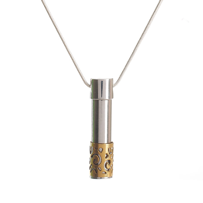 Cremation Pendant - Cylinder with Removable Filigree Gold