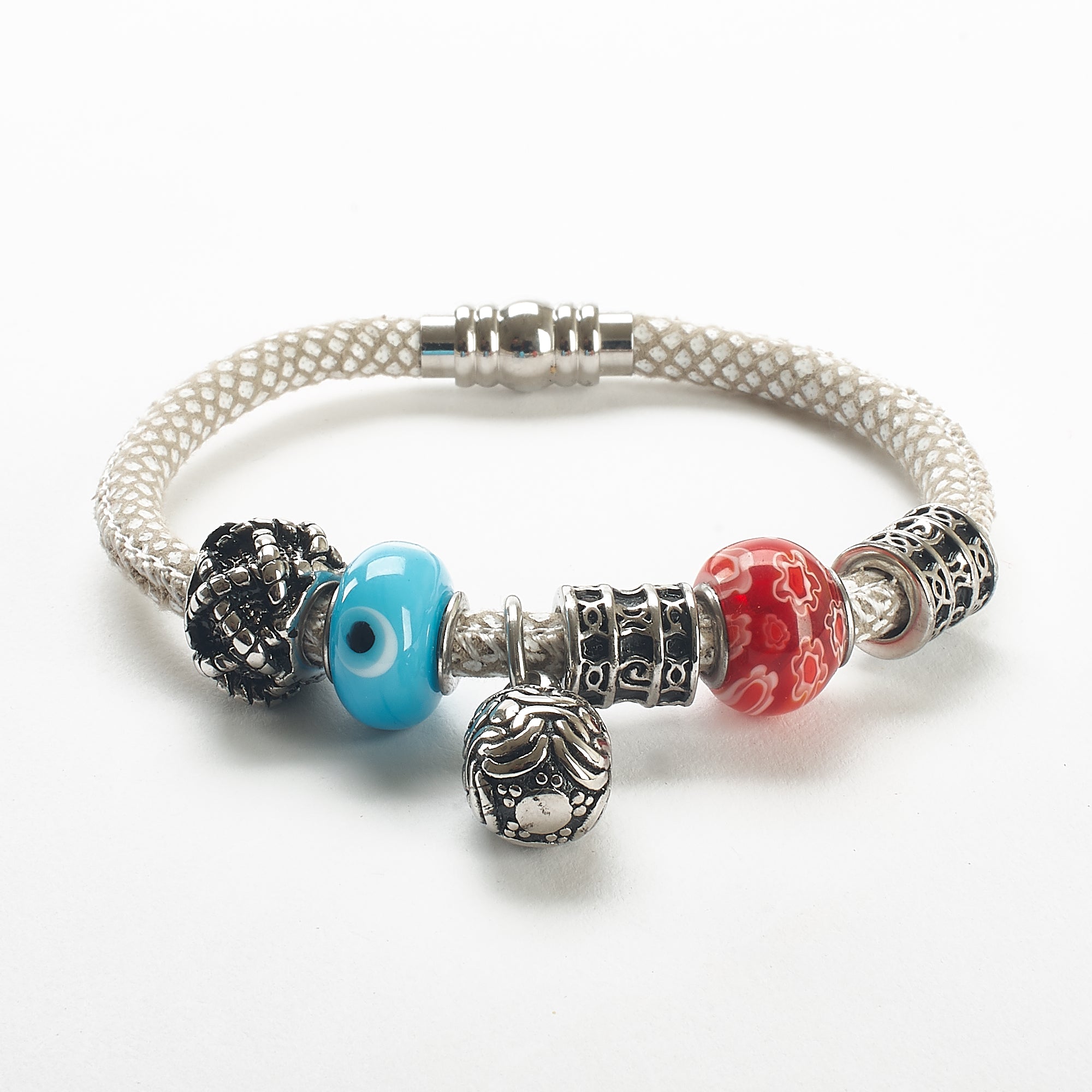 Cremation Bracelet - Silver, Blue and Coral on White