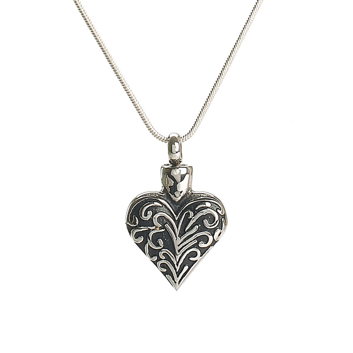 Cremation Pendant - Silver Heart with Filigree