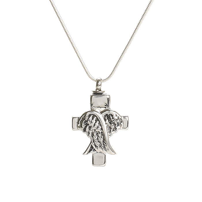 Cremation Pendant - Angel Wings over Cross - Silver