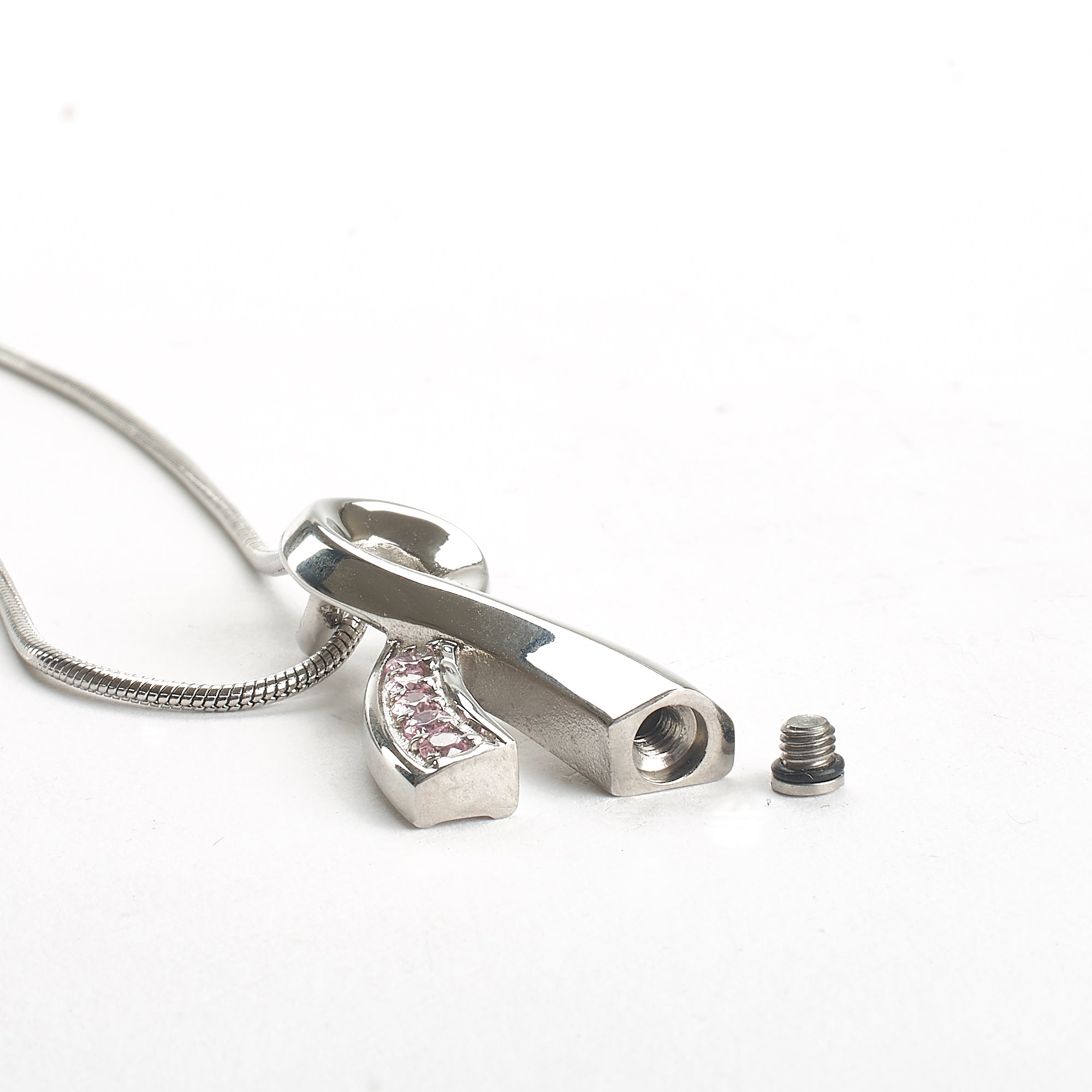 Cremation Pendant - Pink Ribbon - Silver/Diamante